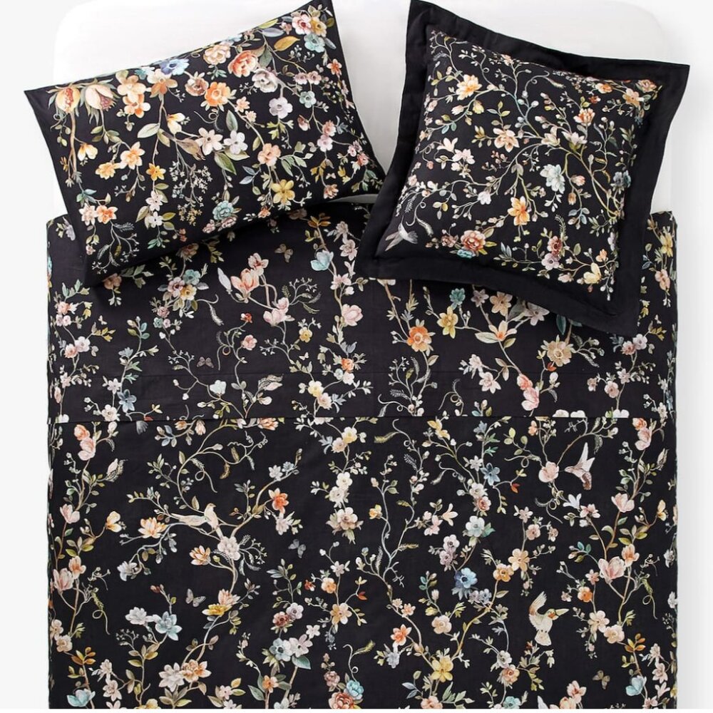 ZARA HOME 100% Cotton Tree of Life Flat Sheet Dark Charcoal Multi Floral Sz KING